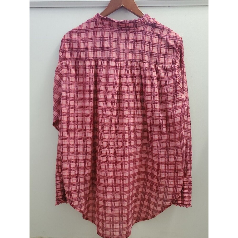 FP One Free People Plaid Miles Tuxedo Ruffle Top In Pink Combo Size Medium - Picture 9 of 10